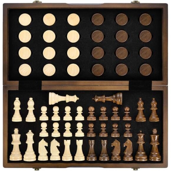 Magnetic Wooden Chess and Checkers Game Set, 15 Inches Chess Board Games - Picture 1 of 7